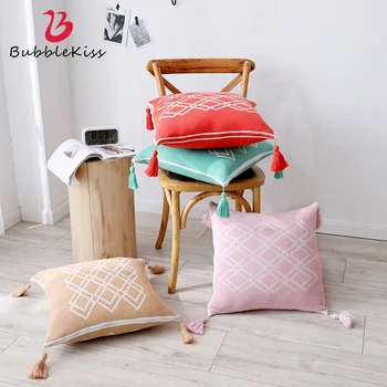 

Bubble Kiss Pink Knitted Cushion Cover Tassel Design Sofa Throw Pillow Cover Geometric Pattern Anti-Pilling Pillow Case 2020 New