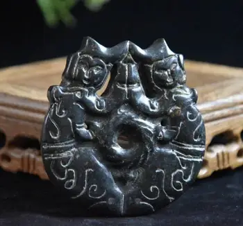 

Hongshan culture archaize black iron meteorite sculpture mermaid bi statue