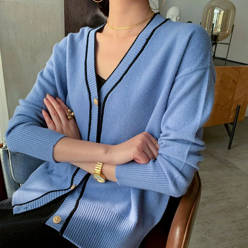 Spring New V-neck Jackets Women 100% Wool Knitted Long Sleeve Cardigans Female 4Colors Woolen Jackets Woman Standard Clothes