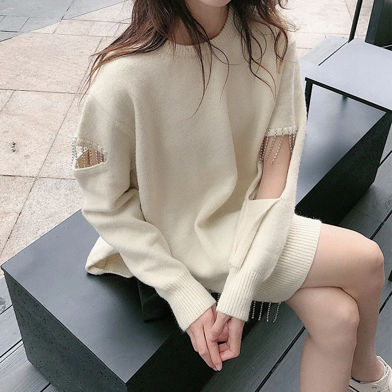 

Fall/winter 2019 Black Sweater New Rhinestone Tassel Irregular Design Personality Long Pullover Black Sweater Women
