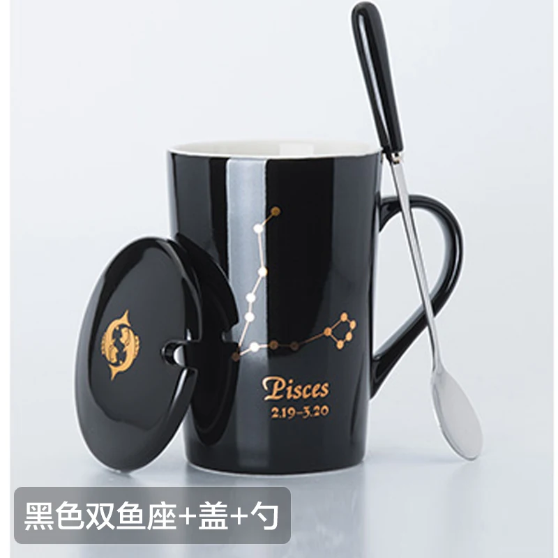 12 Constellations Creative Ceramic Mugs with Spoon Lid Black and Gold Porcelain Zodiac Milk Coffee Cup 420ML Water Drinkware - Цвет: 12