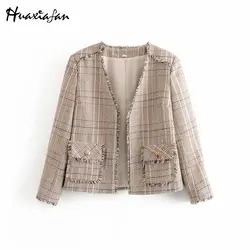 Huaxiafan, женские куртки с кисточками, клетчатые куртки, зимние, элегантные, v-образный вырез, офисный стиль, для девушек, твид, с карманами