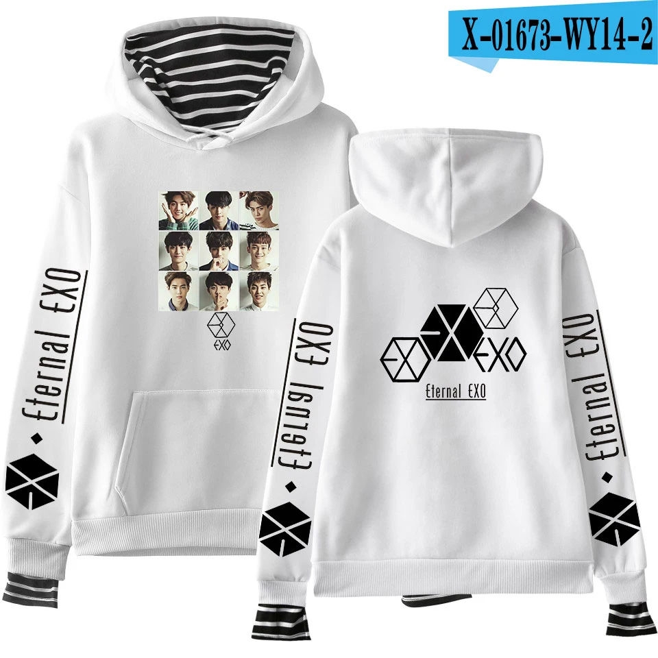 Новое поступление куртка с капюшоном EXO Ложные два предмета Полосатый пуловер свободная уличная одежда с длинным рукавом Kpop тренд молодой моды толстовки - Цвет: Красный