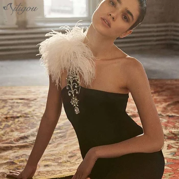 

Ailigou 2020 Fashion Chic Luxury Diamond Embellished Feather Design Sexy One Shoulder Sleeveless Celebrity Party Bandage Mini
