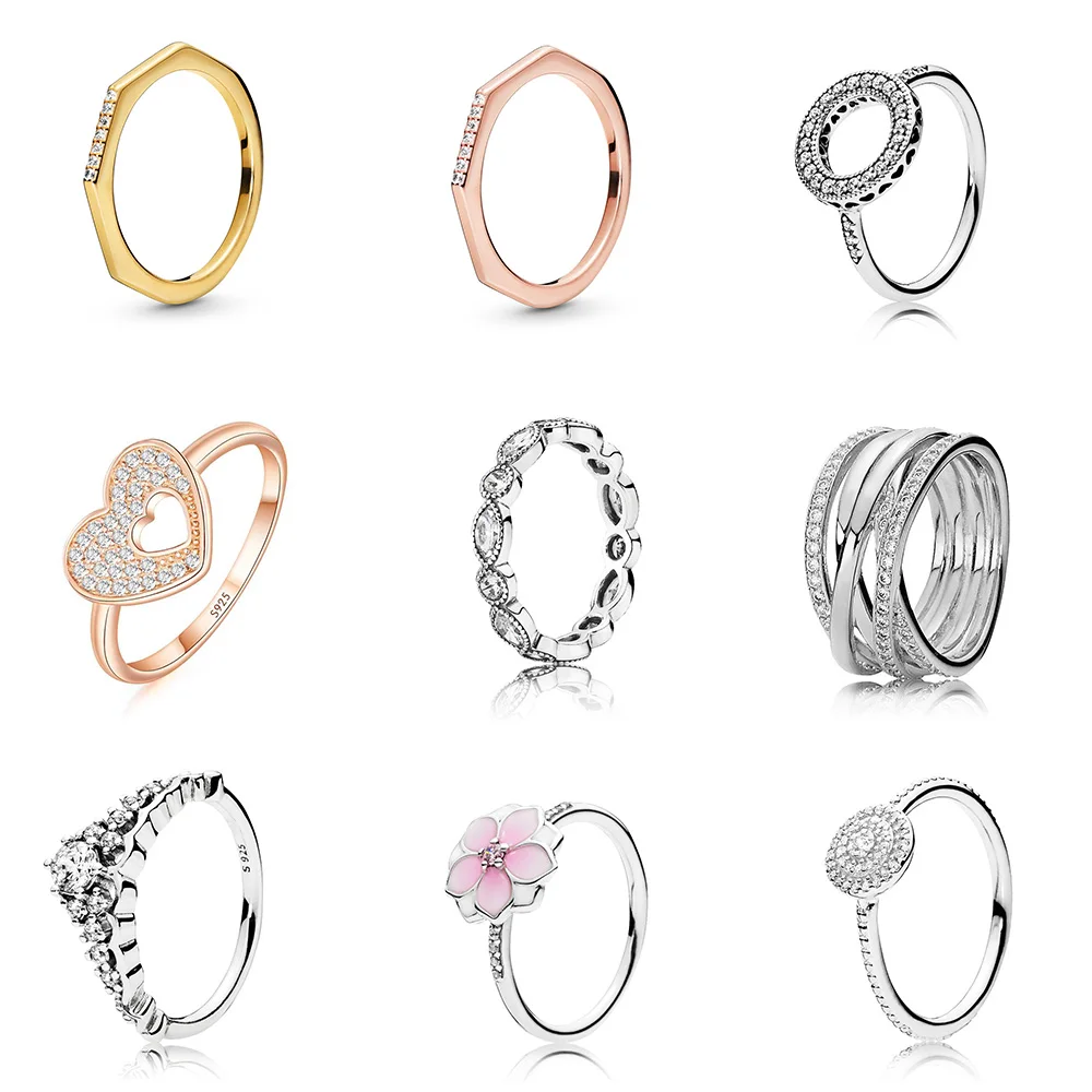 Silver Color Ring Charms Simple Nut Rose Gold Pink Flower Crown With White Cz Crystal Finger For Women Jewelry | Украшения и