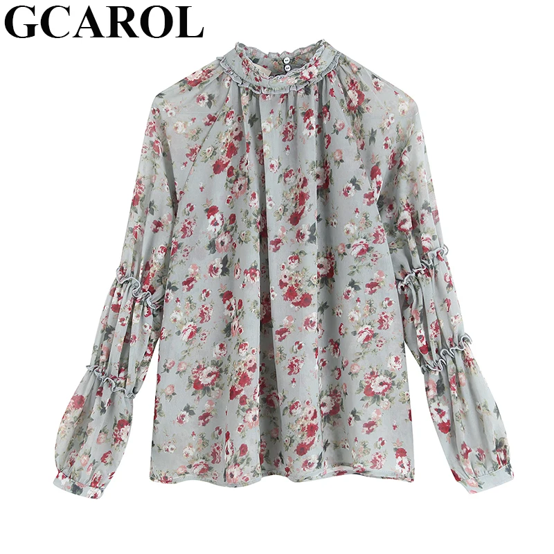 

GCAROL Women Floral Print Blouse Stand Collar Ruffle Thin Elegant Shirt Vintage Drop Shoulder Spring Fall Winter Casual Tops