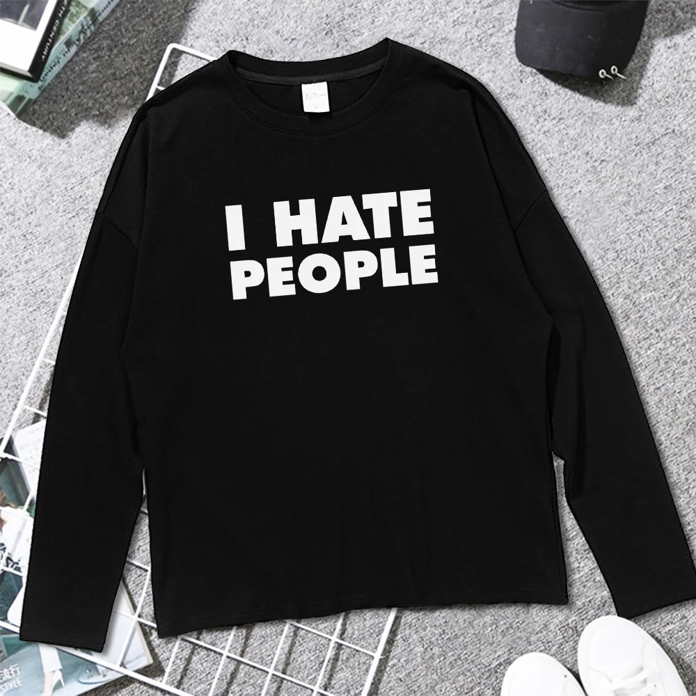 I Hate People черная белая футболка с длинным рукавом круглым вырезом и принтом