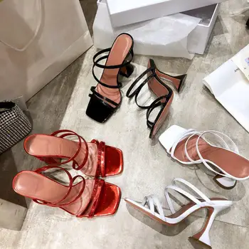 

Summer Narrow Band Slides Sexy High Heels Genuine Leather Elastic Band Shoes Woman Strange Heels Women Shoes Hot Ladies Slippers
