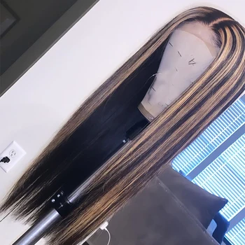 

Lace Front Human Hair Wig Straight Highlight Honey Blonde Brown Lace Frontal Wig Pre Plucked Brazilian Remy For Women