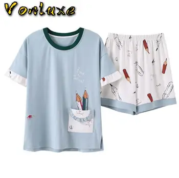 

Pajamas Set Women 2 Piece Soft Cotton Summer Short Sleeve Female Ladies Pajama Sets Cute Cartoon Sleepwear Sleep Wears Plus Size