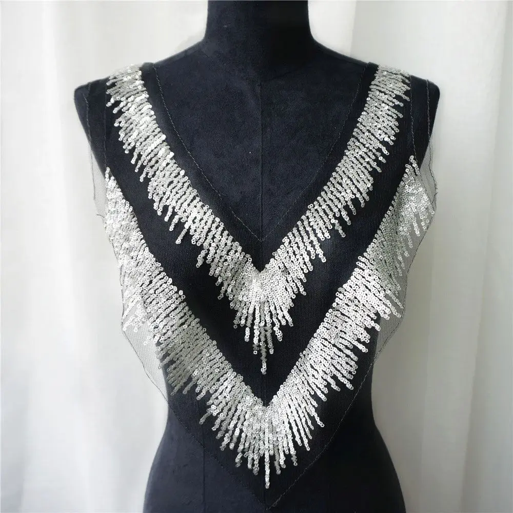 Silver Sequin Tassel Black Mesh Lace Fabric V Collar Embroidered Gown Appliques Sew Patch For Wedding Decoration Dress DIY