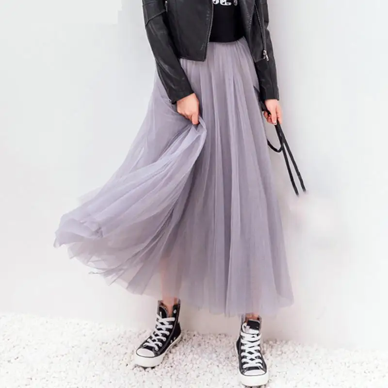 Mesh skirt Spring Summer Vintage Tulle Skirt Women Elastic High Waist Skirts Long Pleated Tutu Female Jupe Longue | Женская одежда