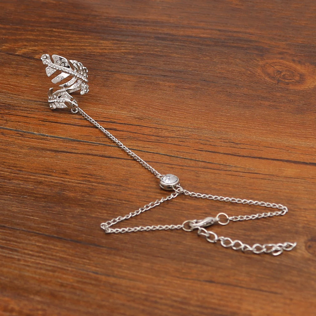 Fashion Crystal Leaf Slave Chain Hand Harness Silver Plated Bracelet Ring