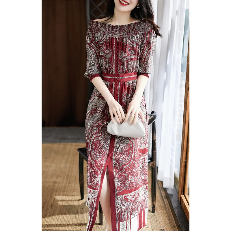 

Summer Dress 2020 100%Real Silk Women Dress Floral Vintage Elegant Ladies Clothes Vestidos Mujer Slach Neck Red Dress SQ194272MG