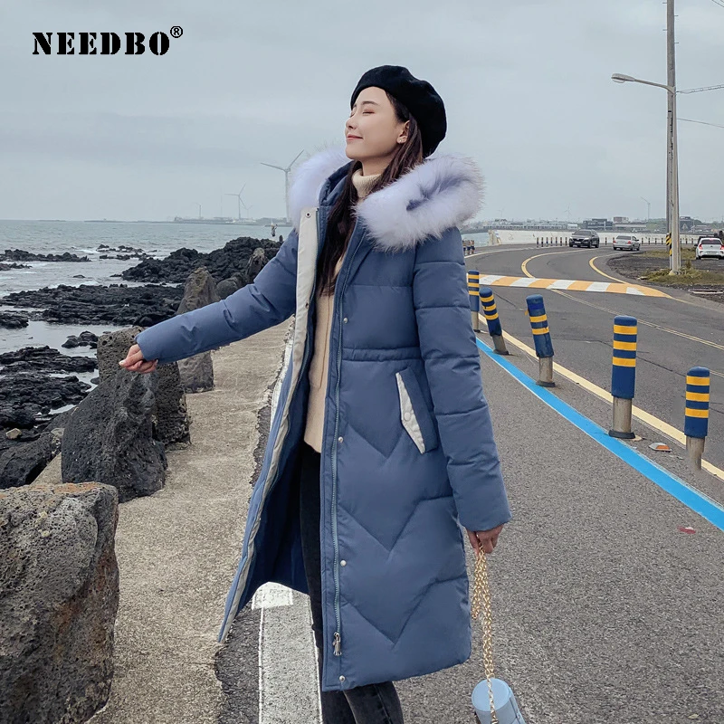 NEEDBO, зимняя куртка для женщин, меховой воротник, длинная парка, повседневная, тонкая, для женщин, зимние пальто и пуховик, стеганая верхняя одежда, длинное пальто для женщин