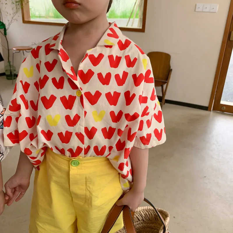 Summer Boys girls cartoon fashion printing shirts Korean style children cotton short sleeve casual holiday shirt kids Tops Boys Short Sleeve Shirts