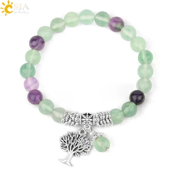 

CSJA 8mm Fluorite Mala Beaded Bracelets Natural Stone Strand Bracelet for Women Retro Silver Color Tree Charms Jewellery F349
