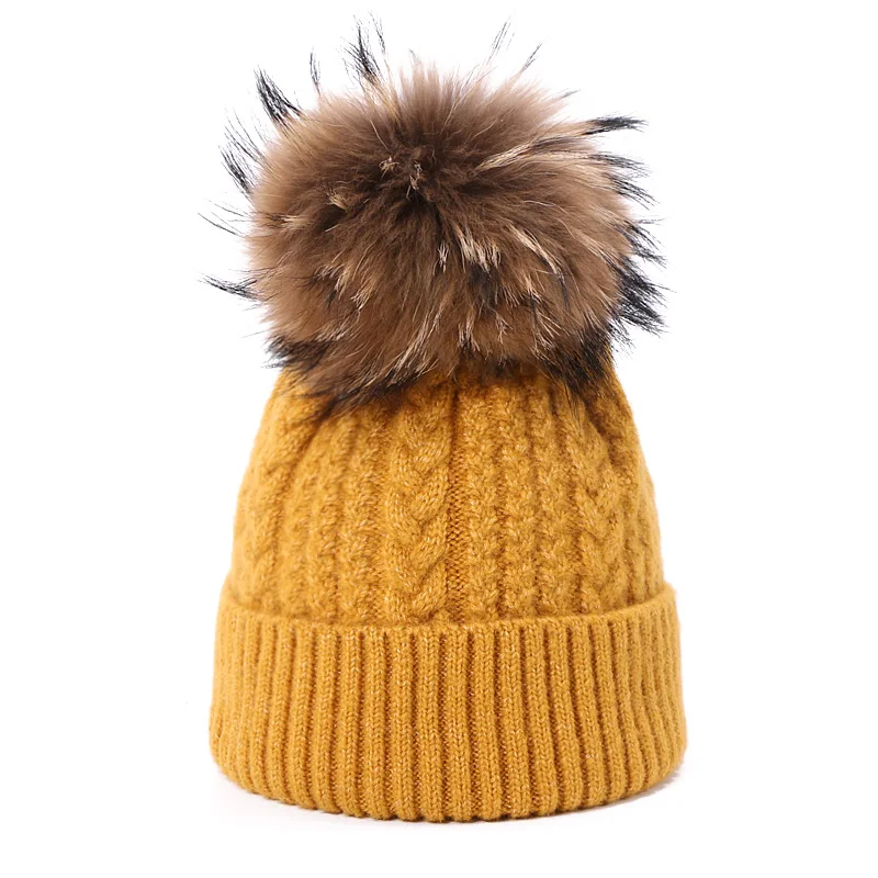 Вязанный натуральная шерсть помпон Skullies Beanies для девочек Женская Зимняя шерстяная теплая хлопковая шапка Уличная Повседневная Женский однотонный шапочки
