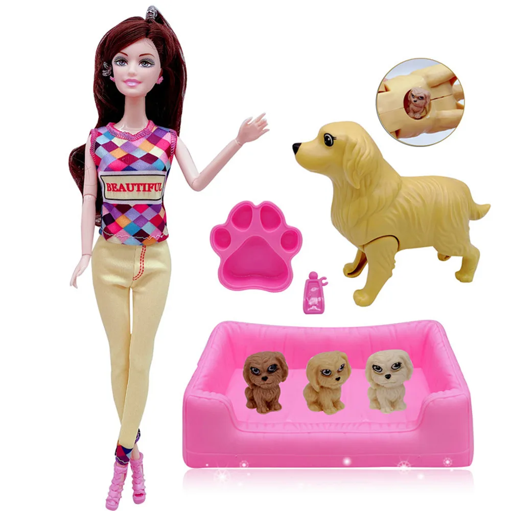 Barbies articulados de 11,5 pulgadas para niños, mascota que da nacimiento a cachorro, madre, 3 cachorros y perrera, accesorios de muñeca, juguete educativo gif