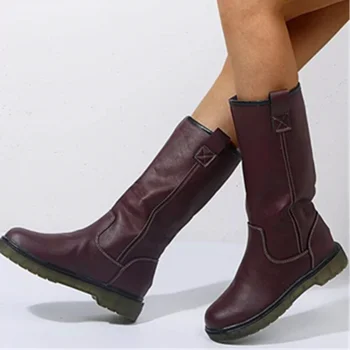 

2020 Knight Boots Women Shoes Female Low Heels Platform Mid-calf Chunky Boots Leather Waterproof Shoes Winter Bottes Plus Size