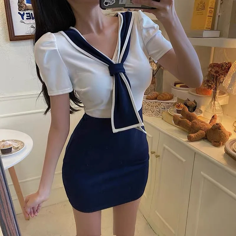 

Summer short-sleeved Color block college dress Slim-fit buttocks mini dress Sweet college style dress