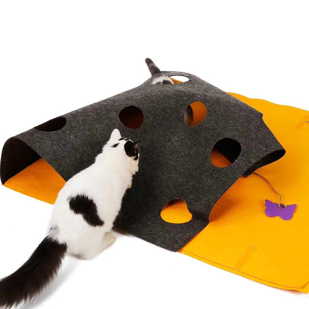 Cat Felt Play Mat DIY Hide and Seek Carpet with Holes Collapsible Scratch-Resistant for Cats