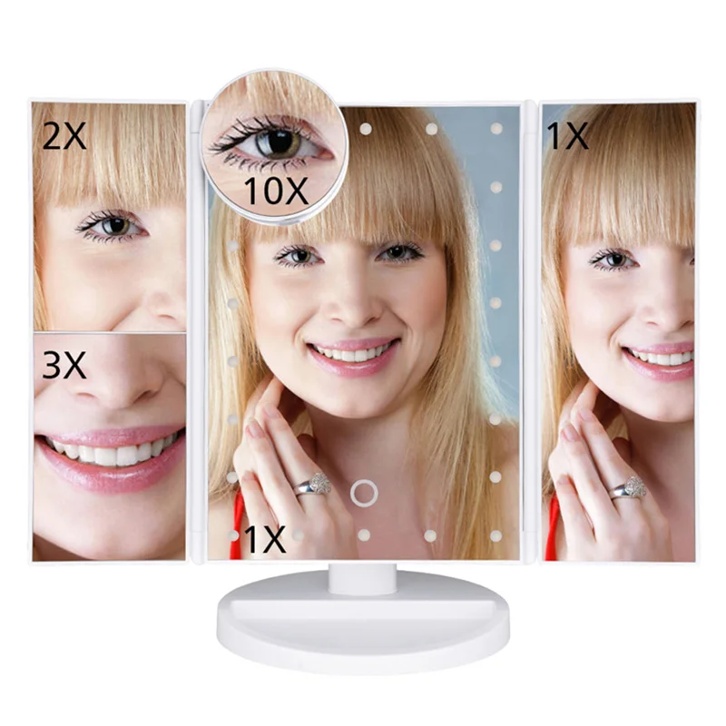 

Illuminated Makeup Mirror 1X/2X/3X/10X Magnifying Mirror Led Touch Dimmer Switch 16/22 LED Light 3 Folding Desktop Makeup Mirror