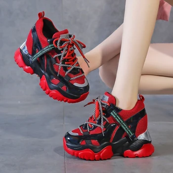 

2020 Women Wedge Sneakers Chunky Shoes Platform Fashion 10cm Height Increasing Ladies Shoes Mesh Woman Casual Trainers Red Green