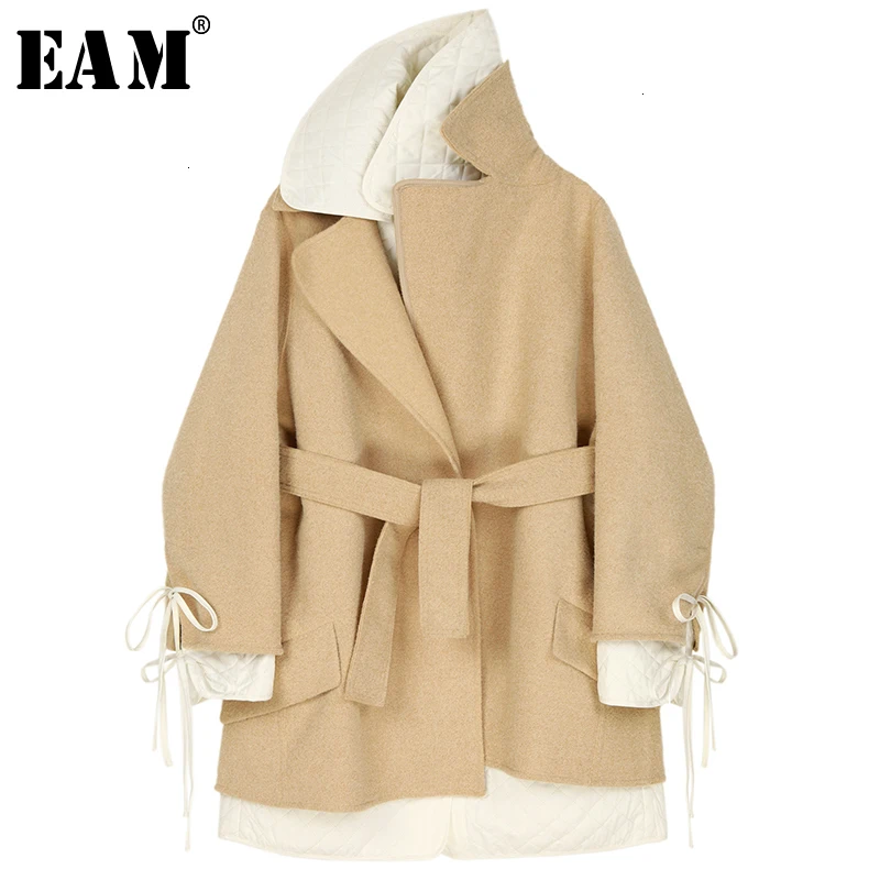 [EAM] свободное приталенное Бандажное пальто большого размера из двух частей, шерстяное пальто, парки, новинка, длинный рукав, женская мода, Осень-зима, 1M720