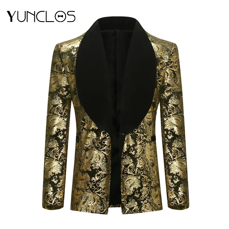 YUNCLOS мужской золотой Блейзер свадебные и вечерние костюмы черный воротник однобортный с одной