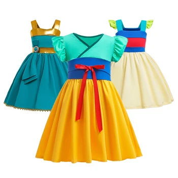 

Anime Hua Mulan Girls Dress Cartoon Cosplay Snow Fairy Anna Snow White Elena Princess Dress Cotton Casual Summer Kids Clothing