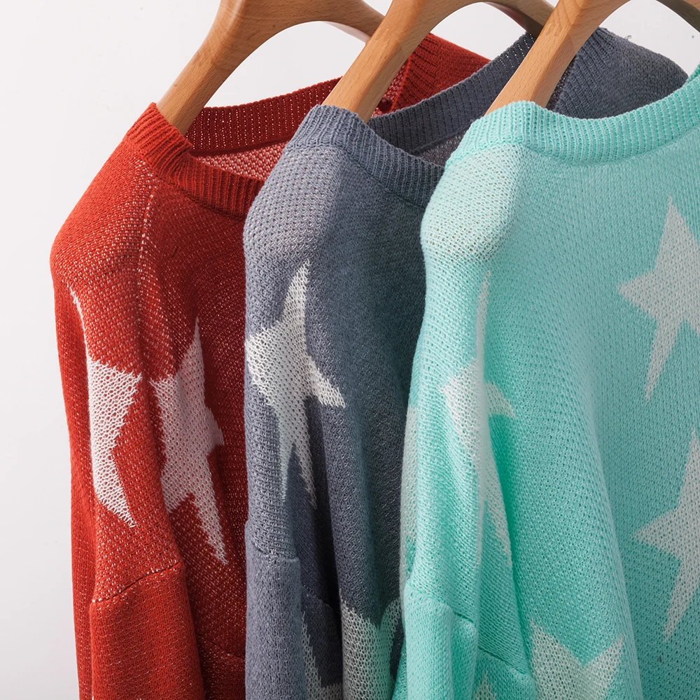 LOGAMI Star трикотажный пуловер для женщин с круглым вырезом и длинными рукавами, свитер и пуловер Женский Осенний джемпер