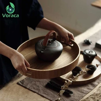 

Household Round Wooden Serving Solid Tray Wood Food Plat Plate Snacks Pan Cup Dishes Fruit Platter Dinner Cake Dessert Tea Trays