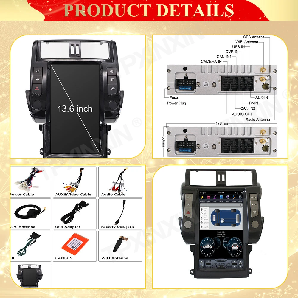 Radio estéreo de coche Android de 13.6 pulgadas navegación GPS doble DIN  1920X1080 pantalla vertical universal reproductor multimedia táctil PX6