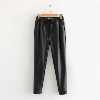 

fashion women black PU leather pants stretch waist with pockets female autumn winter casual solid streetwear trousers