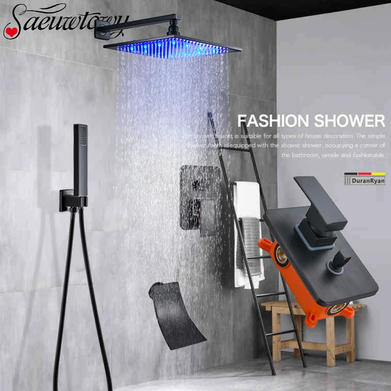 Wall Mount Black LED Shower Faucet Rainfall Set Bathtub Hot And Cold Mixer Crane Concealed Installation | Обустройство дома