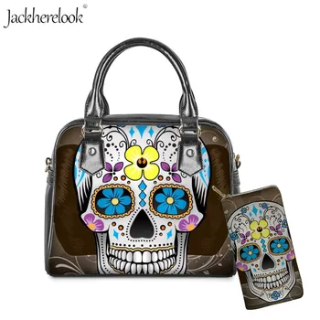 

Jackherelook Women Bags Sugar Skull Print Luxury PU Handbags Day Of The Dead Skull Gothic Bags Females 2pcs/set Hand Bag&Wallets