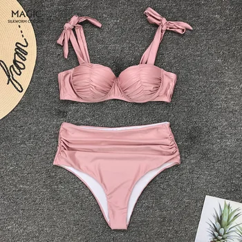 

New Sexy Pleated Female Push Up Swimsuit Women Swimwear Bright High Waist Bikinis Set Shoulder Straps Swimming Suit Bathing Suit