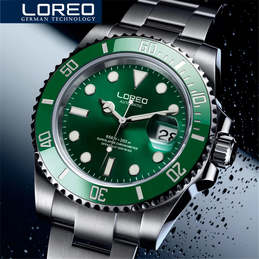 LOREO Brand Water Ghost Series Classic Green Dial Luxury Men Automatic Watches Stainless Steel 200m Waterproof Mechanical Watch