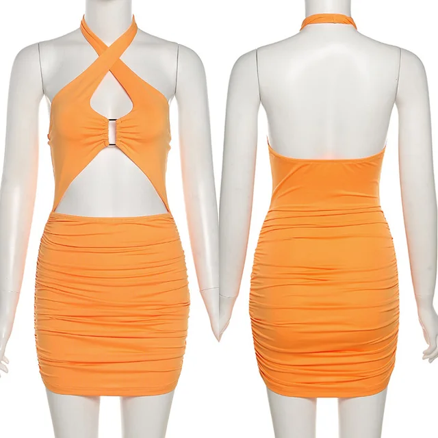Halter Ruched Bodycon Dress Women Hollow Out Backless Sexy Mini Dress Summer 2021 Party Night Club Dress Orange Black White 6