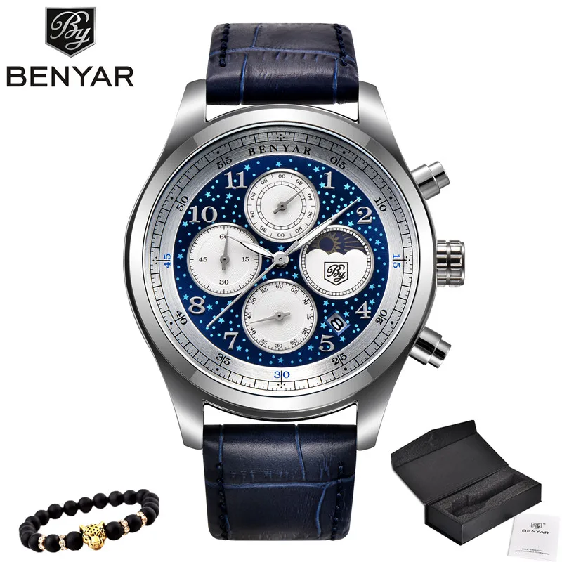BENYAR Топ люксовый бренд Moon Phase часы мужские водонепроницаемые Хронограф военные спортивные кварцевые часы мужские часы Relogio Masculino