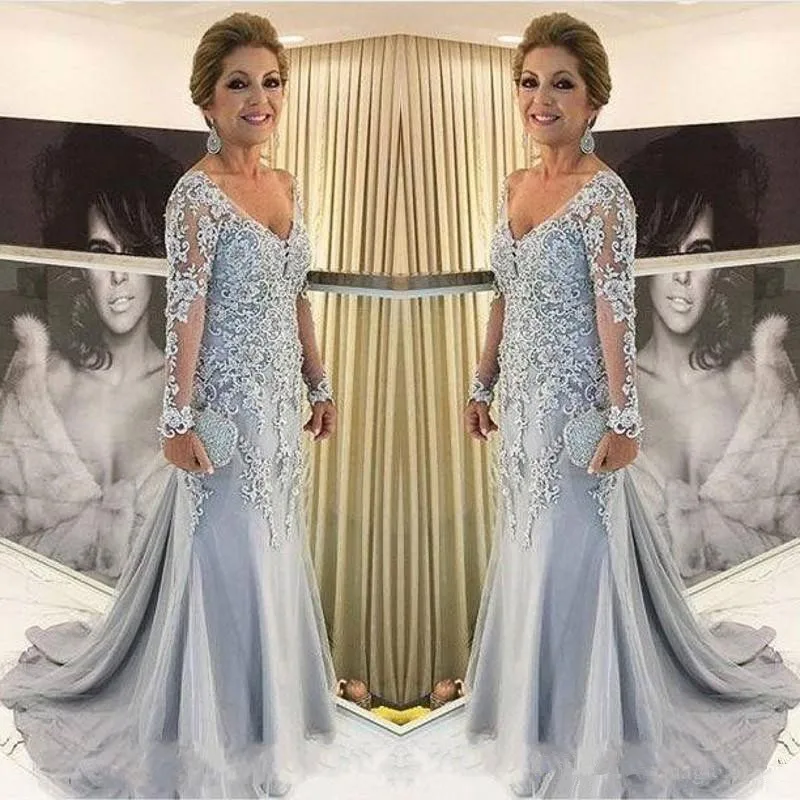 Мать невесты платья vestido de madrinha V шеи с длинным рукавом Русалка Кружева аппликация бисер Длинные Плюс Вечерние платья