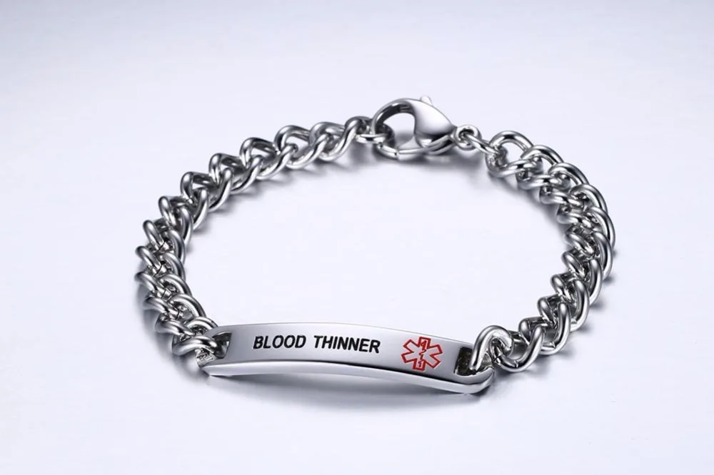 Mens Womens Stainless Steel Medical Alert ID Bracelets BLOOD THINNER 26