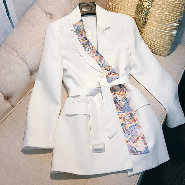 FTLZZ Spring Autumn Women Irregular Splicing Silk Scarf Blazer Lady Office Lapel Slim Jacket Plus Size Fashion Coat with Belt 6