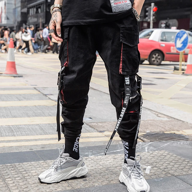 2020 Joggers Cargo Pants for Men Casual Hip Hop Hit Color Pocket Male Trousers Sweatpants Streetwear Ribbons Techwear Pants