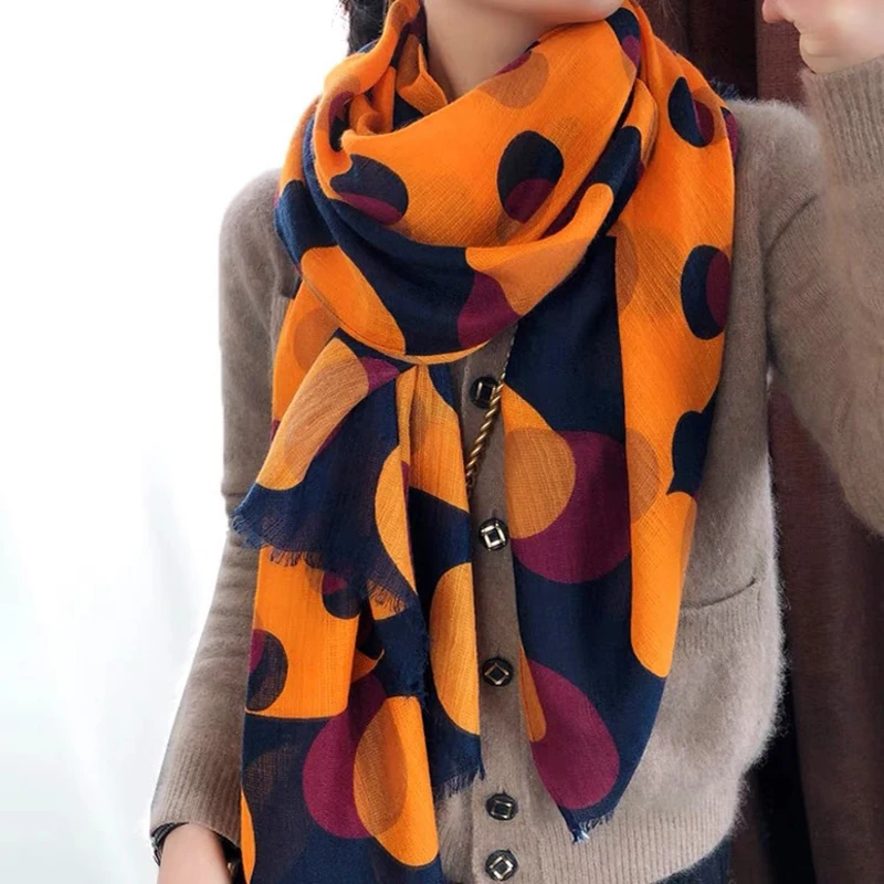 Luxury Brand Cotton Scarf For Women Winter Warm Viscose Scarves Orange Polka Dot Print Designer Fashion Pashmina Shawls Scarfs