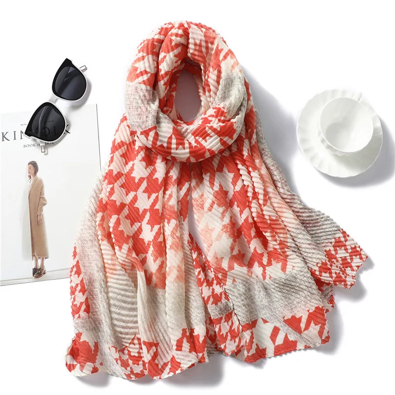 

HOT SELLING New literary sweet versatile crumpled scarf ladies houndstooth pleated cotton and linen autumn and winter warm shawl IN STOCK