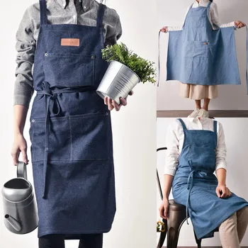 

Saingace Nordic Style Apron Denim Halter Adult Apron with Big Pocket Kitchen Baking Cooking Accessories Bib Aprons Barbecue Hot