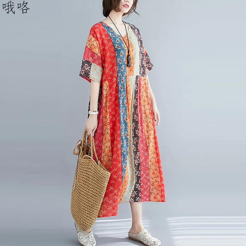

Plus Size Summer Boho Women Dress Vintage Print Floral Cotton Linen Maxi Dress Robe Female Loose Beach Dress Sundress 5XL 2020