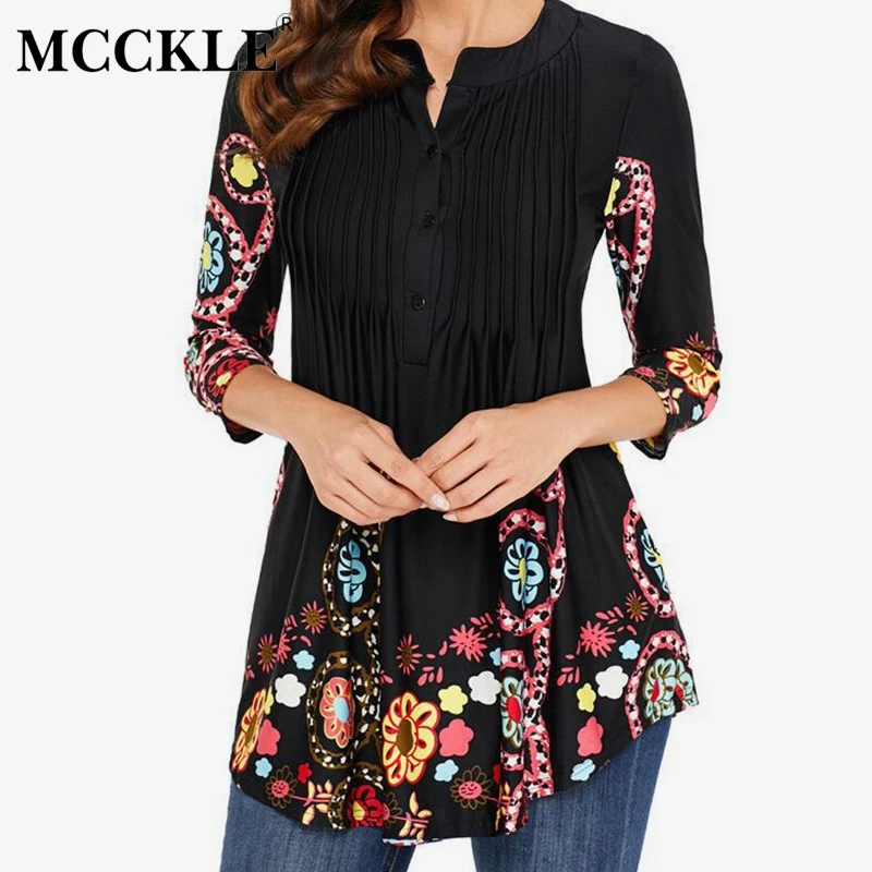  Spring Tunic Printed Women's Shirt Blouse 3/4 Sleeves Pleated Tops and Blouses Womens 2019 Summer F